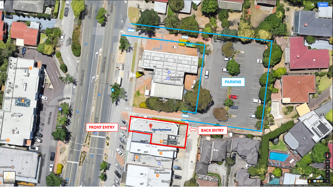 Birdseye view of Prime Physiotherapy East Doncaster showing parking and the front and back entrance
